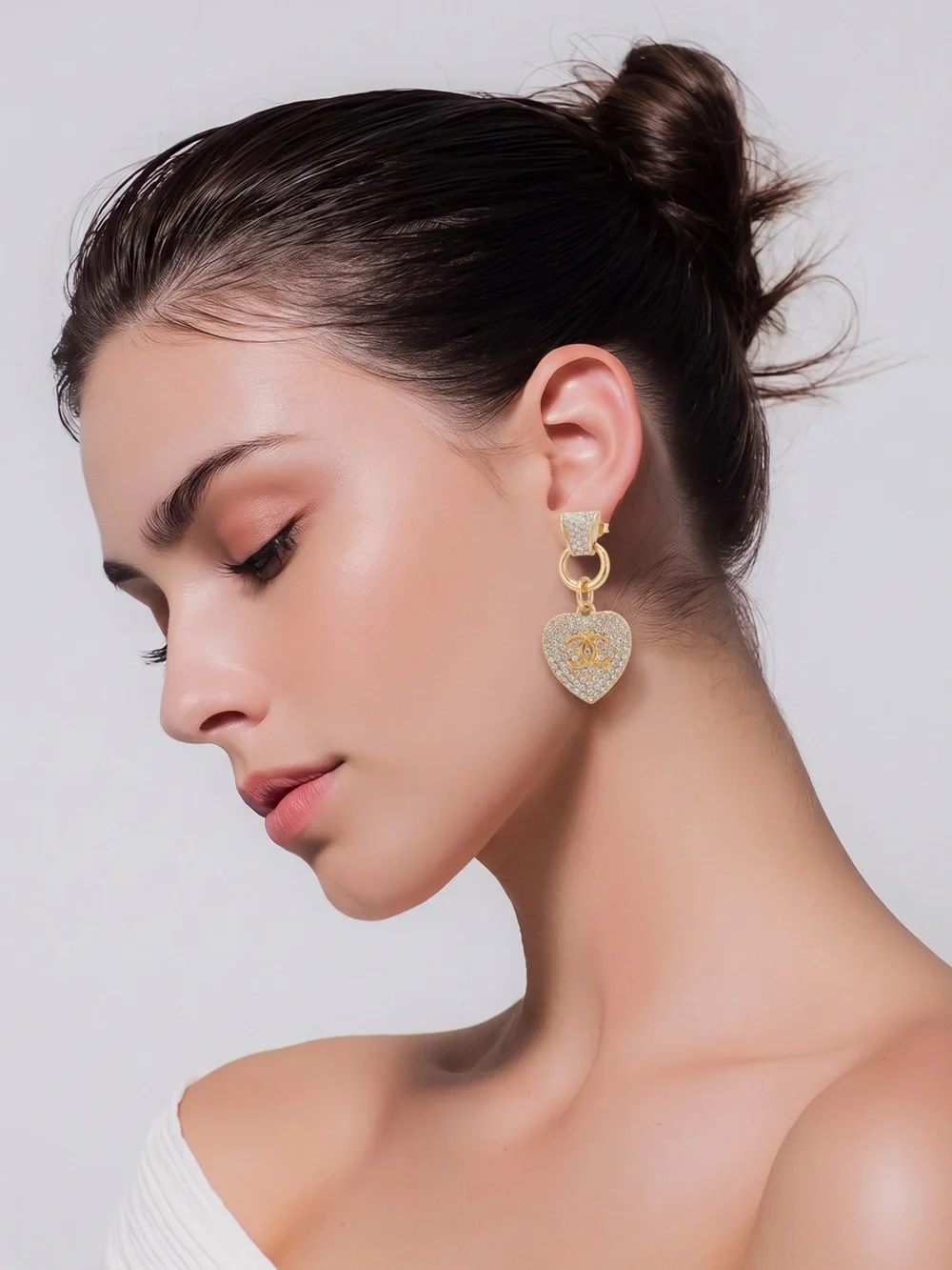 Gold Heart Drop Earrings with Crystal Accents
